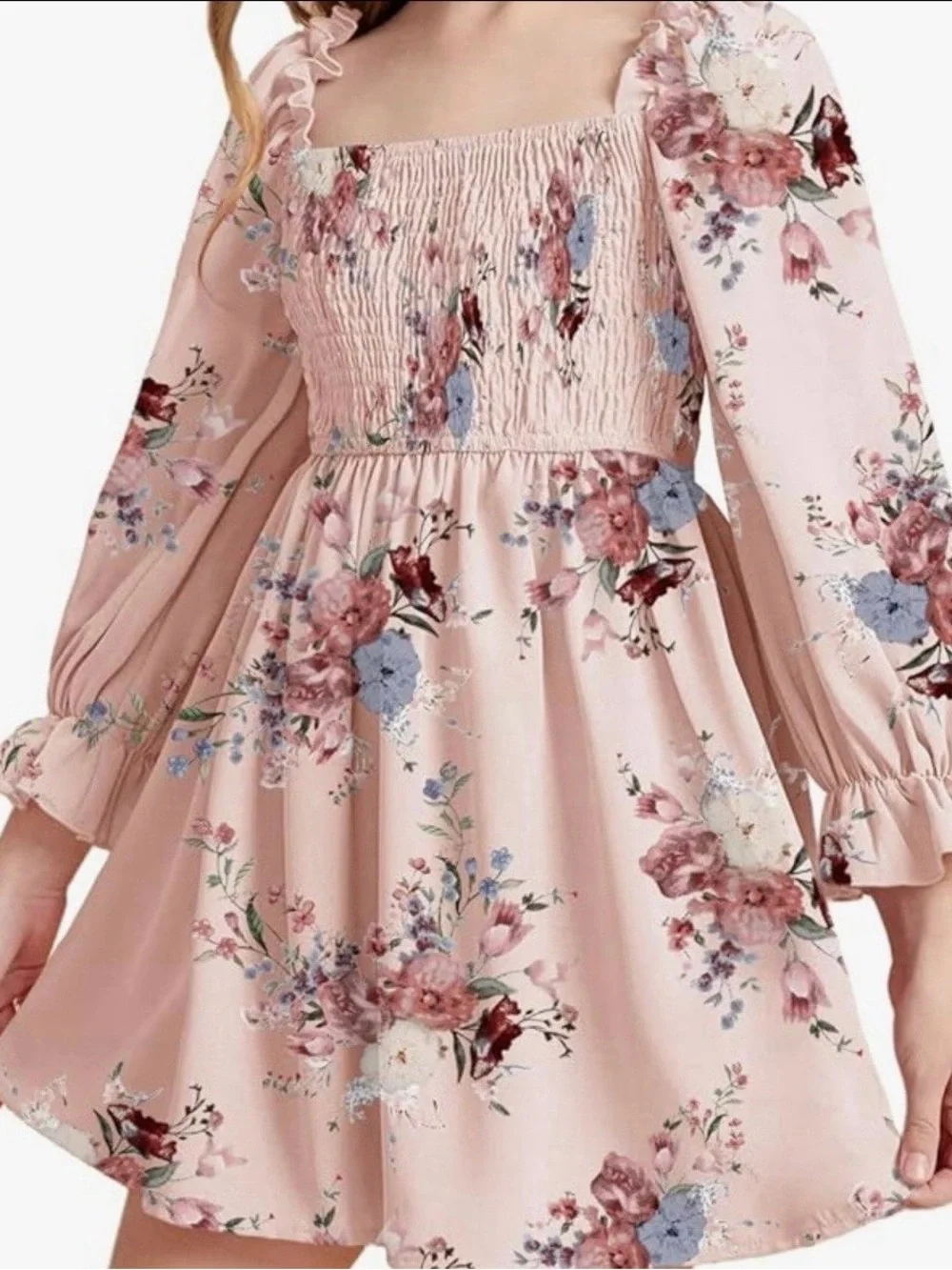 Girls pink flower Summer Chiffon Ruffle Mini Dress Square Neck